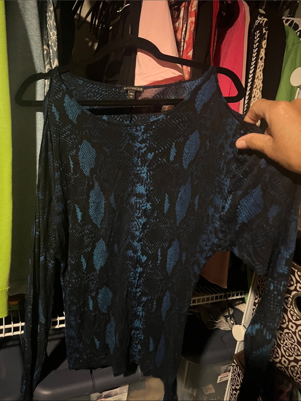 Express Black and Blue Snake-Print Long Sleeve Dress